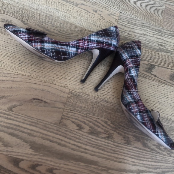 Plaid pump d’orsay pointed pointy toe stiletto dress buckle shoe vintage leather - Picture 8 of 14